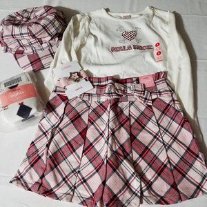 Gymboree Schoolgirls Rock size 9 shirt, 8 adjustable waist skort, 8-10 tights